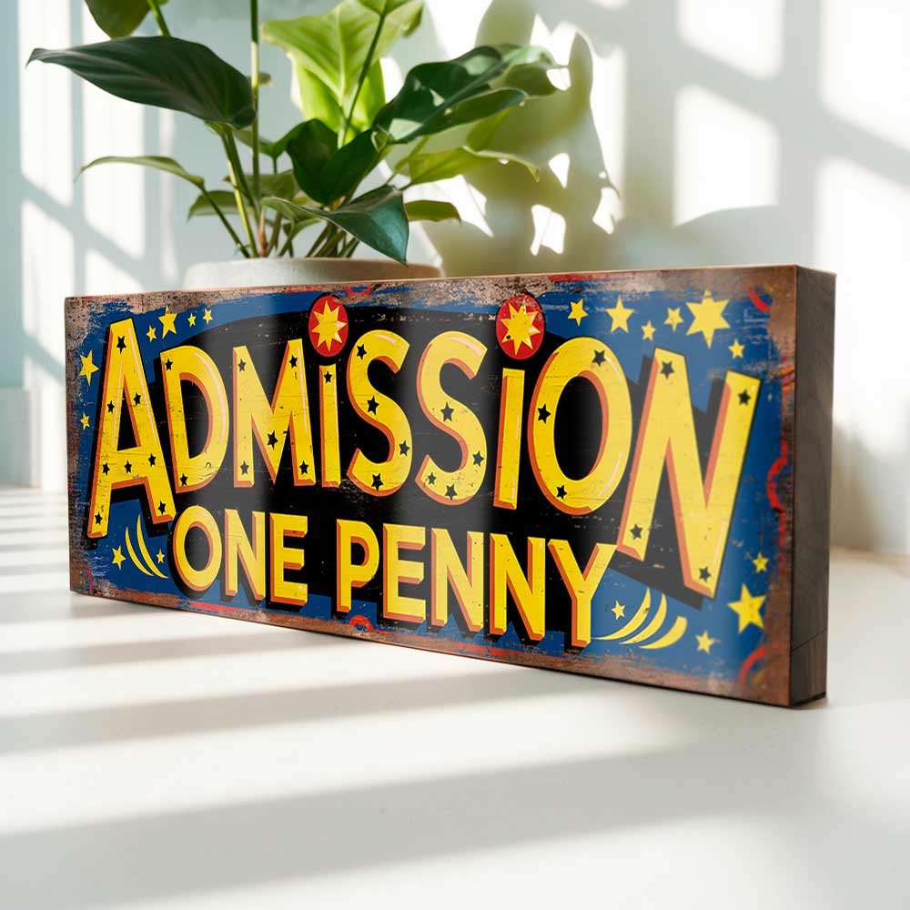 Admission One Penny Retro Wooden Sign Carnival Circus Theme