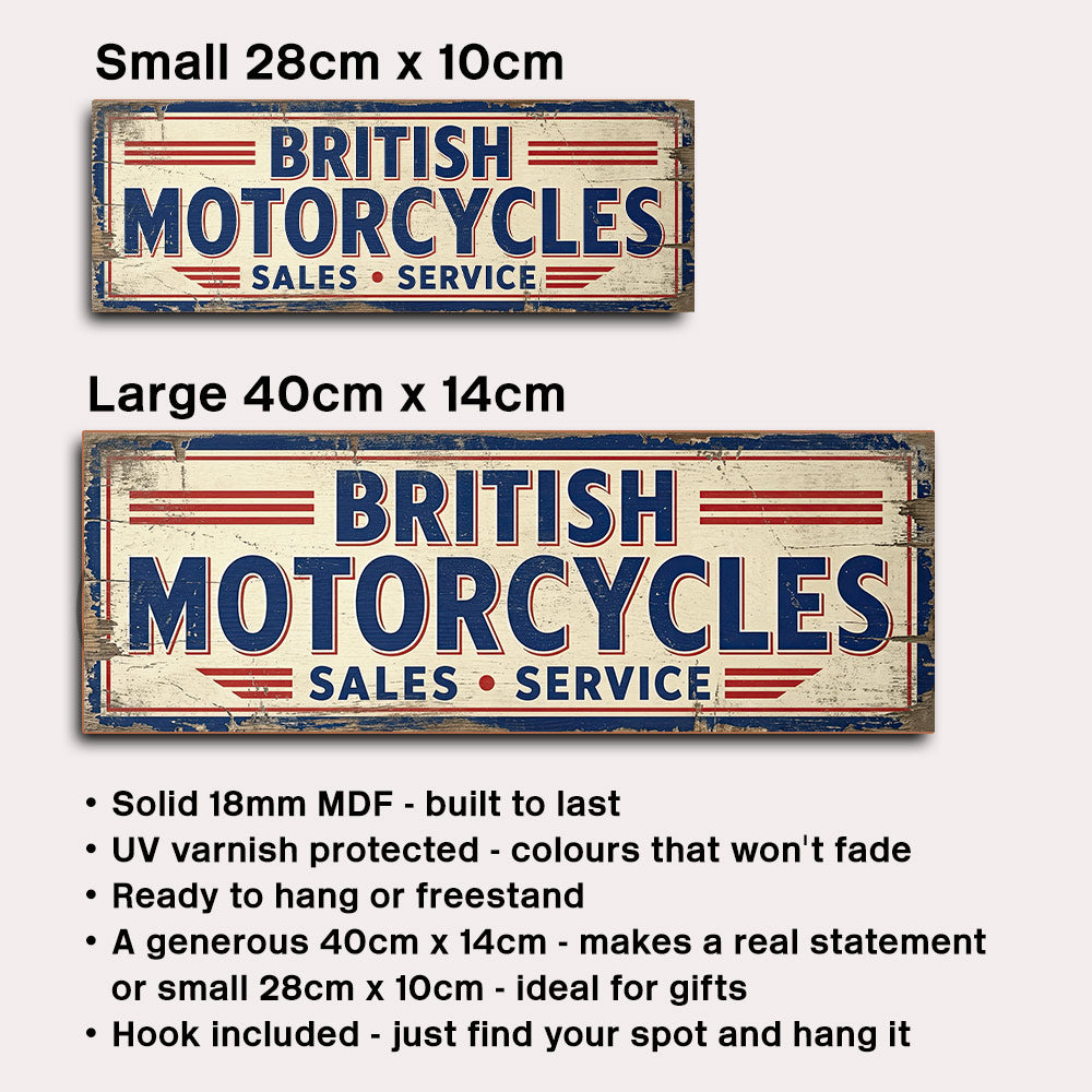 Two vintage-style British Motorcycles sign sizes shown on a light gray background, with text labels for Small 28cm x 10cm and Large 40cm x 14cm, plus a bulleted list of product features below.