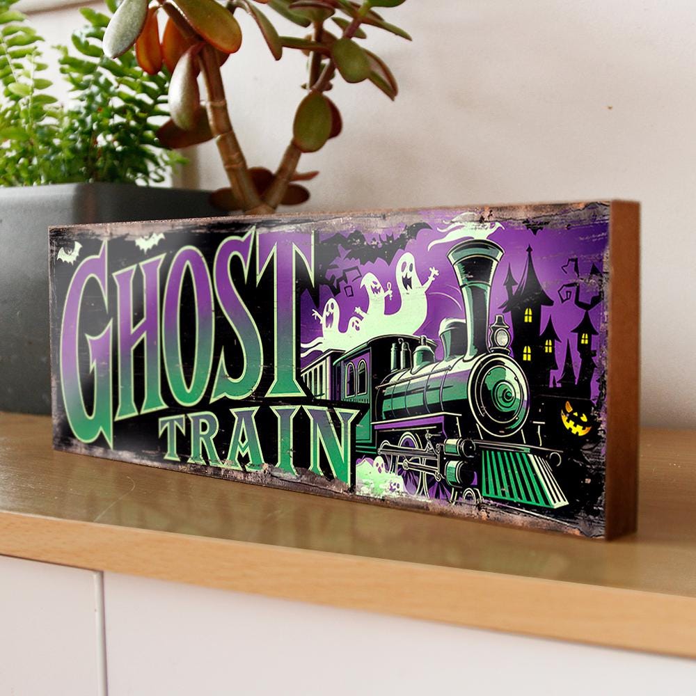 Ghost Train Sign Retro Style Fun Fair Sign. Fairground Ride Sign Haunted Wooden Ghostly Plaque
