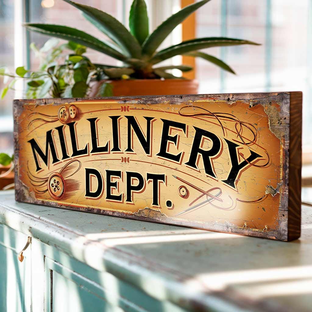 Millinery Dept Retro Wooden Sign Hat Making Boutique Vintage Shop Plaque