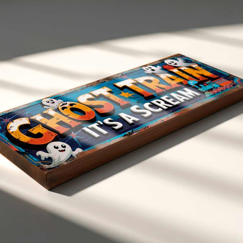 Ghost Train It's a Scream Sign Vintage Style Retro Spooky Ghostly Fun Wooden Funfair Wall Plaque