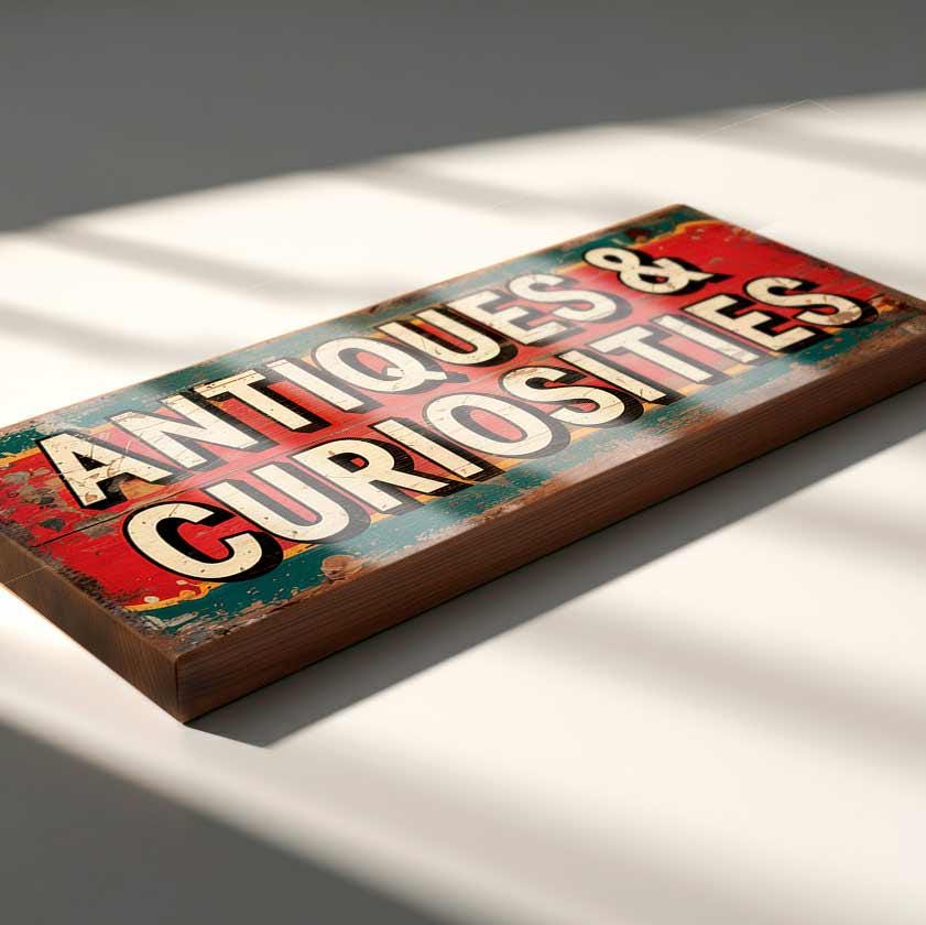 Antiques and Curiosities Sign – Colourful Vintage Wooden Plaque – Retro Shop Decor – Market Stall Display – Antique Store Gift Idea