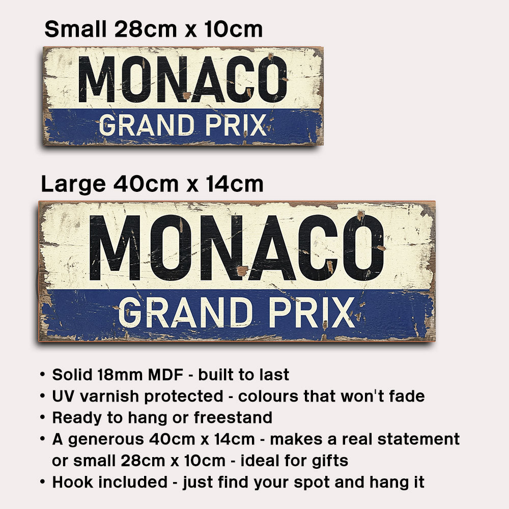 Two vintage-style Monaco Grand Prix rectangular signs shown on a light gray background, labeled Small 28cm x 10cm and Large 40cm x 14cm, with bullet points describing the product features below.