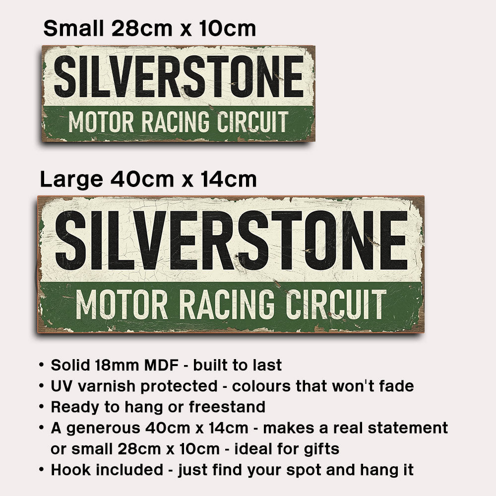 Two rectangular vintage-style metal signs reading “SILVERSTONE MOTOR RACING CIRCUIT” shown on a light gray background, with text labels indicating small 28cm x 10cm and large 40cm x 14cm sizes plus a bulleted list of product features.