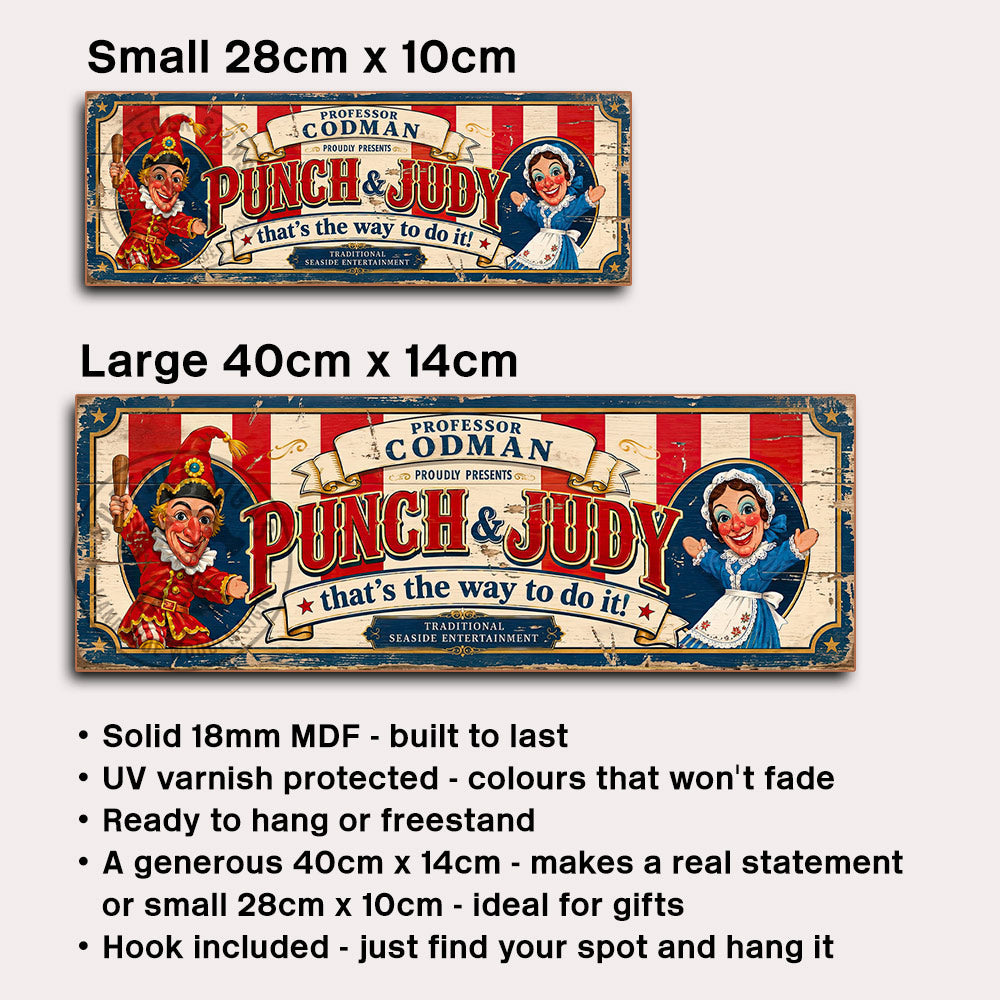 Two vintage-style Punch & Judy wall signs shown side by side, labeled Small 28cm x 10cm and Large 40cm x 14cm, with bullet points of features below on a white background.