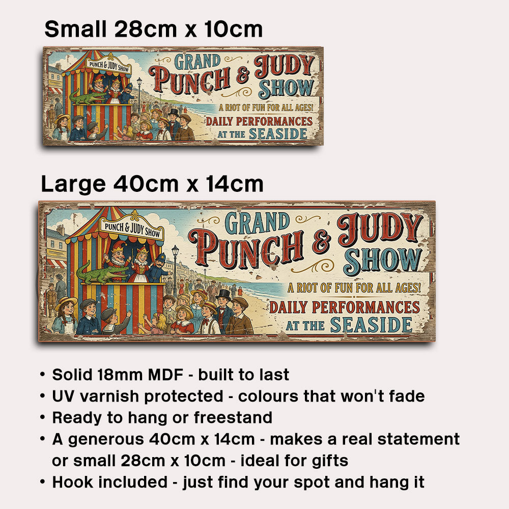 A product listing graphic showing two sizes of a 'Grand Punch & Judy Show' MDF wall sign with dimensions labeled 'Small 28cm x 10cm' and 'Large 40cm x 14cm', plus a bulleted list of features on a light gray background.