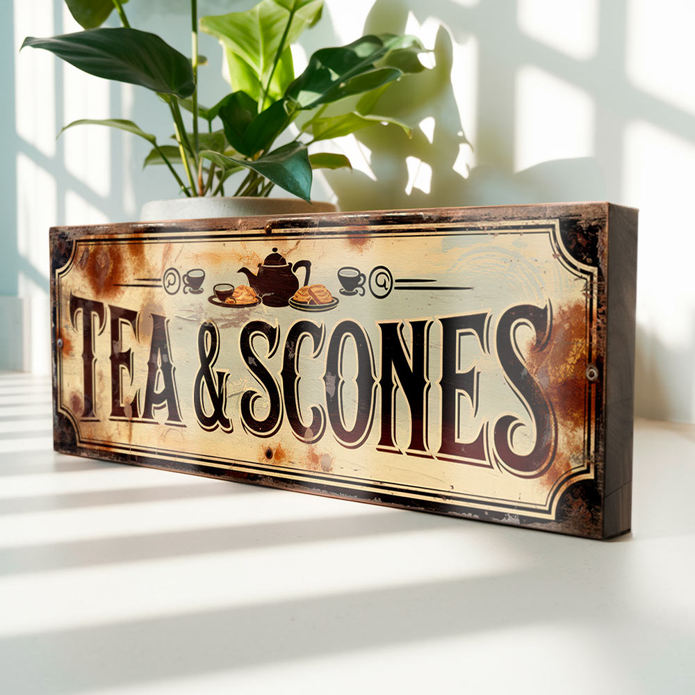 Tea & Scones Sign Vintage Style Kitchen Wall Plaque