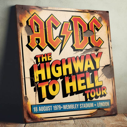 vintage-style concert sign on 12mm MDF featuring the AC/DC logo and "The Highway To Hell Tour" text. The design includes 1979 Wembley Stadium details with heavy integrated faux-rust and cracked wall effects.