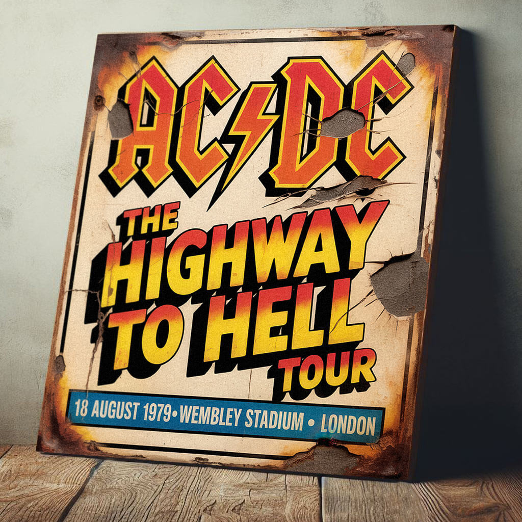 vintage-style concert sign on 12mm MDF featuring the AC/DC logo and "The Highway To Hell Tour" text. The design includes 1979 Wembley Stadium details with heavy integrated faux-rust and cracked wall effects.