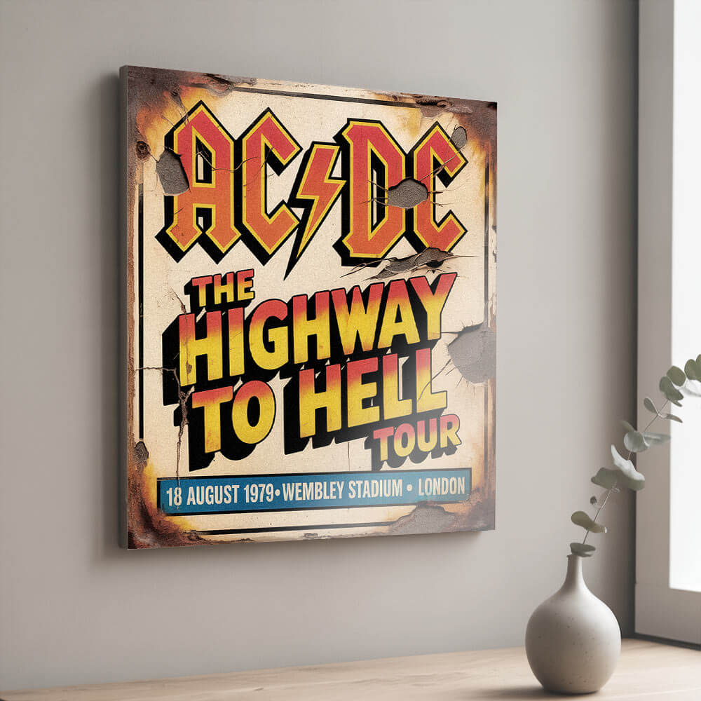 vintage-style concert sign on 12mm MDF featuring the AC/DC logo and "The Highway To Hell Tour" text. The design includes 1979 Wembley Stadium details with heavy integrated faux-rust and cracked wall effects.