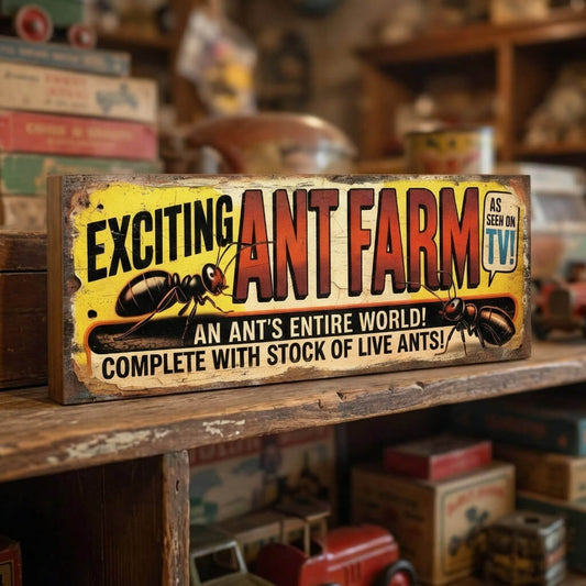 Rectangular vintage novelty sign for an Exciting Ant Farm featuring retro comic book advert graphics, sunset typography, and heavy faux-distressed weathering.