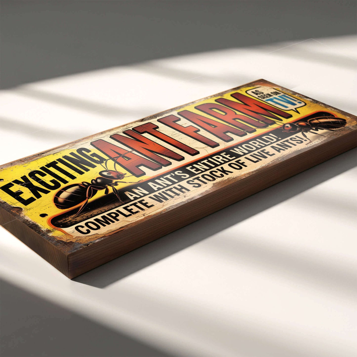 Rectangular vintage novelty sign for an Exciting Ant Farm featuring retro comic book advert graphics, sunset typography, and heavy faux-distressed weathering.