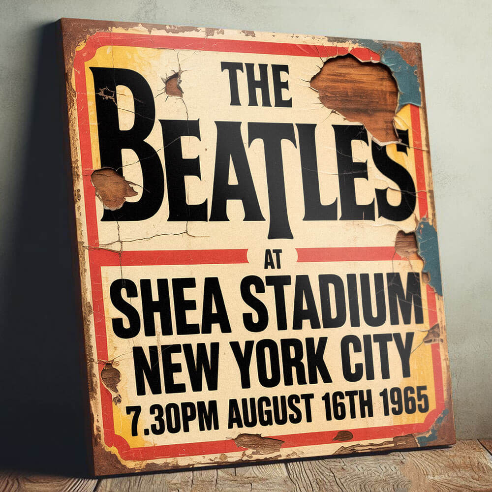 Vintage-style concert sign on 12mm MDF featuring "The Beatles at Shea Stadium New York City" with the date August 16th 1965. The design includes heavy integrated faux-rust, cracks, and weathered wood effects.