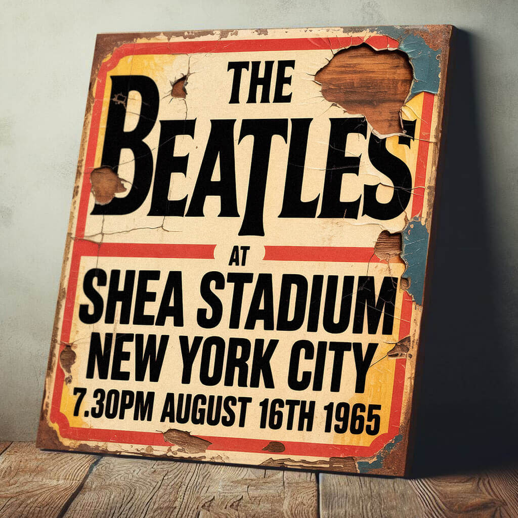 Vintage-style concert sign on 12mm MDF featuring "The Beatles at Shea Stadium New York City" with the date August 16th 1965. The design includes heavy integrated faux-rust, cracks, and weathered wood effects.