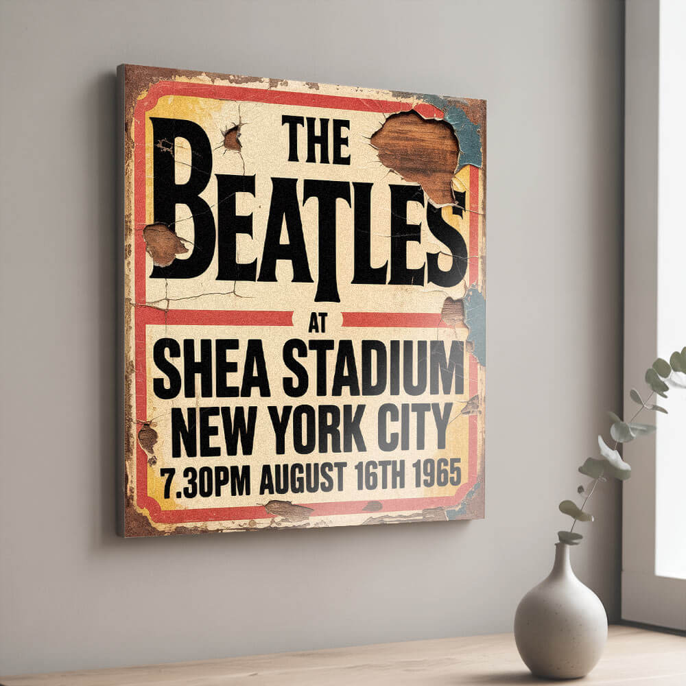 Vintage-style concert sign on 12mm MDF featuring "The Beatles at Shea Stadium New York City" with the date August 16th 1965. The design includes heavy integrated faux-rust, cracks, and weathered wood effects.