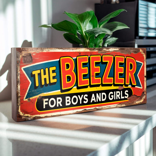 A rectangular vintage-style advertisement sign on 18mm MDF for The Beezer comic. The design features a blue ribbon banner and yellow lettering on a red background with heavy faux-rust and weathering effects.