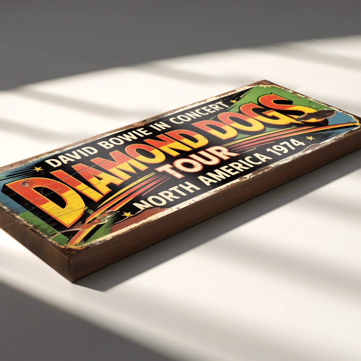 A rectangular vintage-style concert sign on 18mm MDF for the David Bowie Diamond Dogs North America 1974 tour.