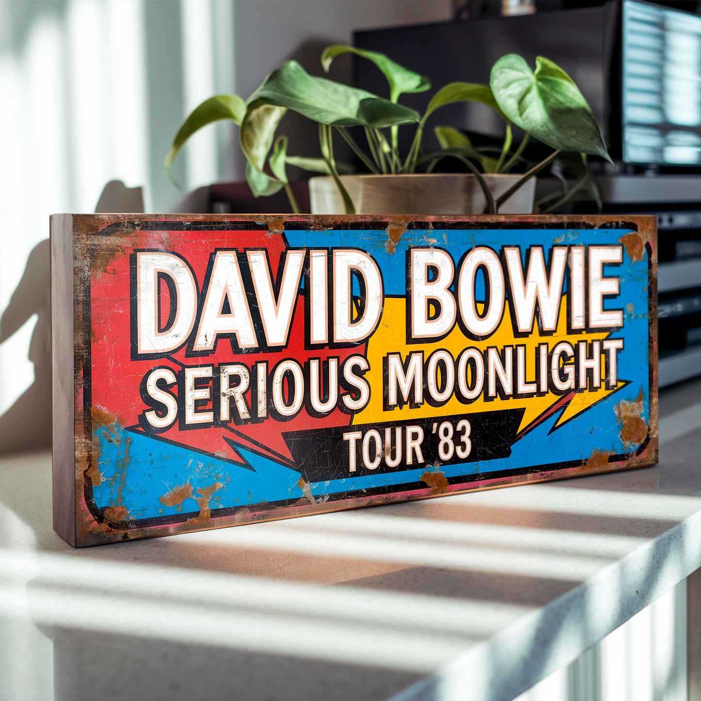 A rectangular vintage-style concert sign on 18mm MDF for David Bowie's Serious Moonlight Tour '83. The design features bold white lettering on a red, blue, and yellow background with heavy faux-rust weathering effects.