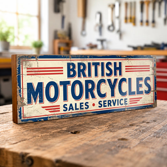 A rectangular vintage-style wooden sign reading “BRITISH MOTORCYCLES SALES SERVICE” in blue lettering on a distressed cream background, placed on a rustic wooden table in a blurred workshop setting.