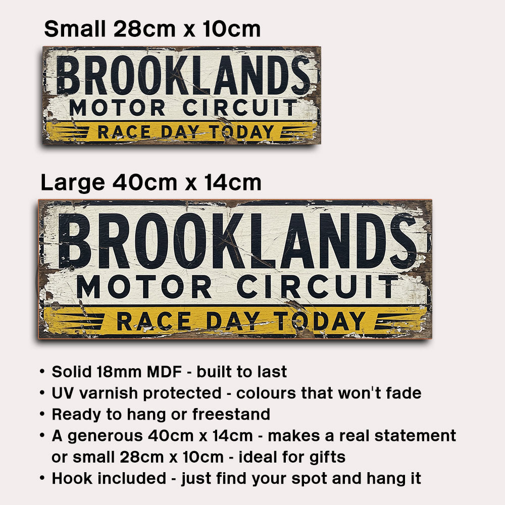 Two vintage-style metal sign sizes labeled Small 28cm x 10cm and Large 40cm x 14cm on a light beige background, with bullet points describing the signs as solid 18mm MDF, UV varnish protected, freestanding, and including a hook.