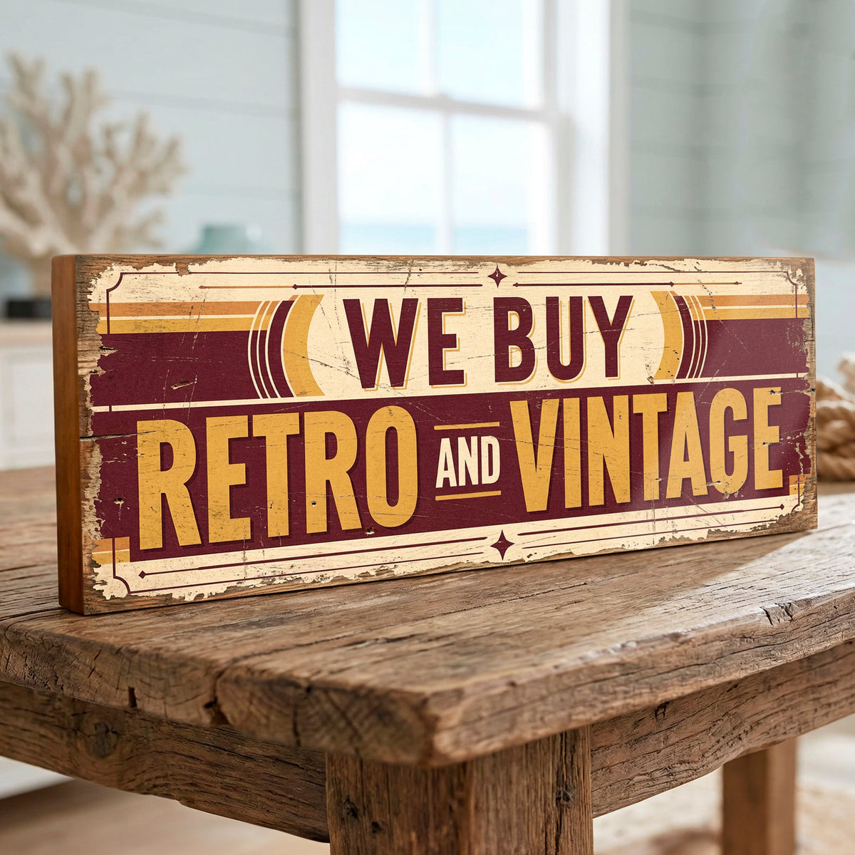 A rectangular rustic wooden sign with a distressed cream and dark red design that reads 'WE BUY RETRO AND VINTAGE,' displayed on a weathered wooden table in a softly blurred indoor setting.