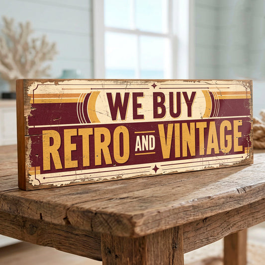 A rectangular rustic wooden sign with a distressed cream and dark red design that reads 'WE BUY RETRO AND VINTAGE,' displayed on a weathered wooden table in a softly blurred indoor setting.
