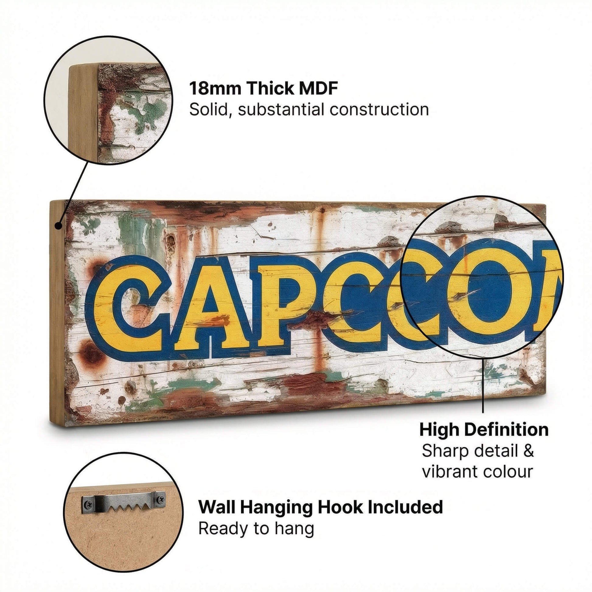 Capcom retro gaming logo vintage wooden sign handmade on 18mm MDF with bold yellow and blue lettering on heavily distressed white background, freestanding on light surface