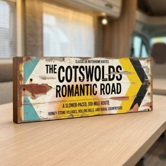 A rectangular vintage-style road sign on 18mm MDF for The Cotswolds Romantic Road. Features black text on a white background with turquoise and yellow accents and heavy integrated faux-rust and weathered paint effects.