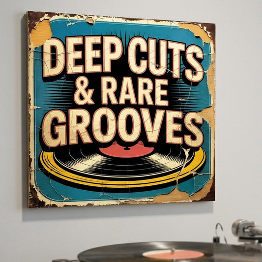A square 31cm x 31cm vintage-style music sign on 9mm MDF with "DEEP CUTS & RARE GROOVES" in bold lettering. The design features a vinyl record graphic on a teal background with heavy integrated faux-flaking paint and weathering.