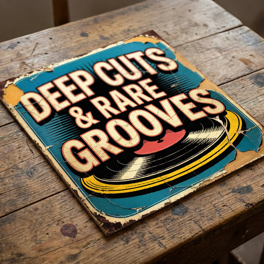 A square 31cm x 31cm vintage-style music sign on 9mm MDF with "DEEP CUTS & RARE GROOVES" in bold lettering. The design features a vinyl record graphic on a teal background with heavy integrated faux-flaking paint and weathering.