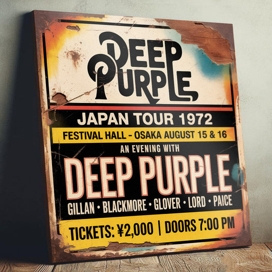 vintage-style concert sign on 12mm MDF for Deep Purple Japan Tour 1972 at Festival Hall, Osaka. The design features bold black and white typography with heavy integrated faux-rust, cracks, and weathered paint effects.