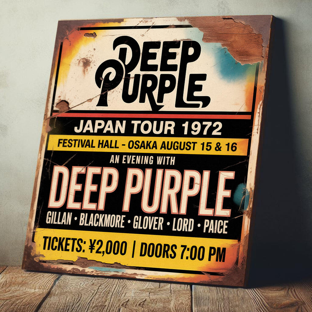 vintage-style concert sign on 12mm MDF for Deep Purple Japan Tour 1972 at Festival Hall, Osaka. The design features bold black and white typography with heavy integrated faux-rust, cracks, and weathered paint effects.