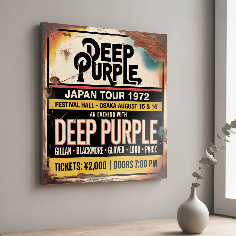 vintage-style concert sign on 12mm MDF for Deep Purple Japan Tour 1972 at Festival Hall, Osaka. The design features bold black and white typography with heavy integrated faux-rust, cracks, and weathered paint effects.