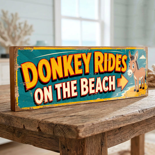 Donkey Rides on the Beach British Seaside Wooden Wall Sign 40cm Coastal