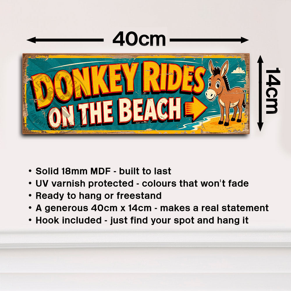 Donkey Rides on the Beach British Seaside Wooden Wall Sign 40cm Coastal