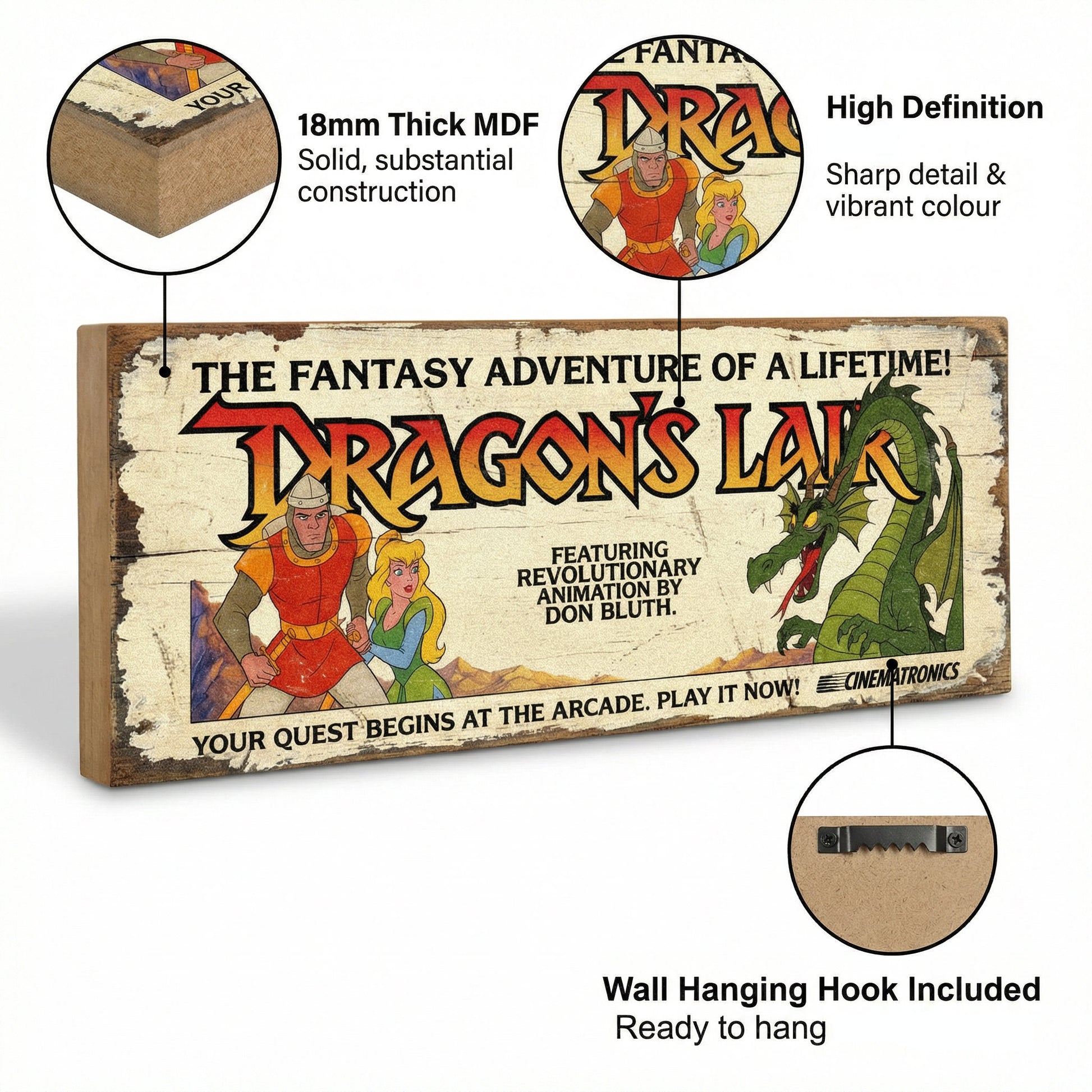 Dragon's Lair retro arcade game vintage wooden sign handmade on 18mm MDF with distressed cream finish featuring Dirk the Daring Princess Daphne and Singe the dragon, freestanding on white shelf in gaming room