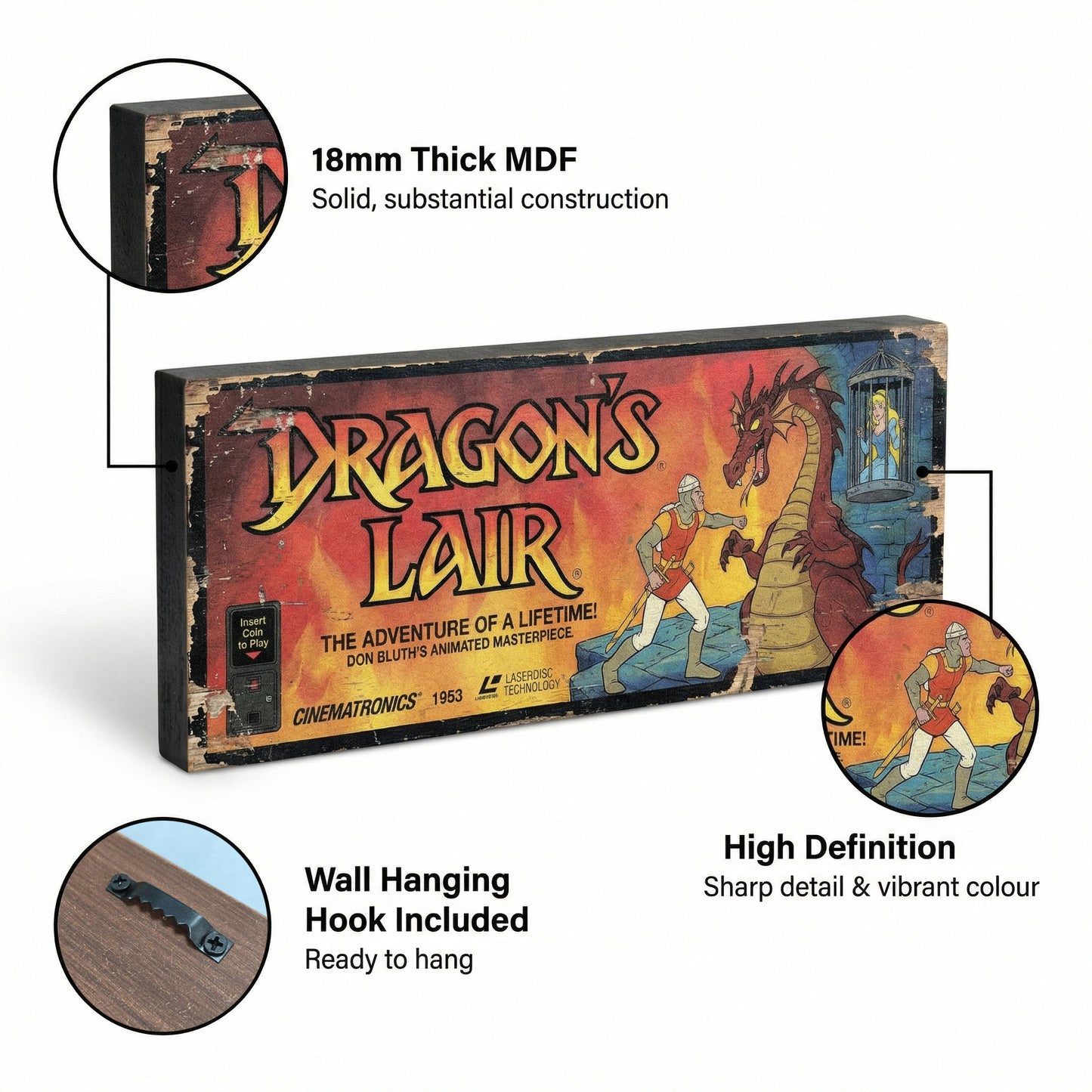 Dragon's Lair arcade cabinet art retro wooden sign handmade on 18mm MDF styled after the 1983 Cinematronics original with Dirk the Daring and Singe on fiery background, freestanding in gaming room