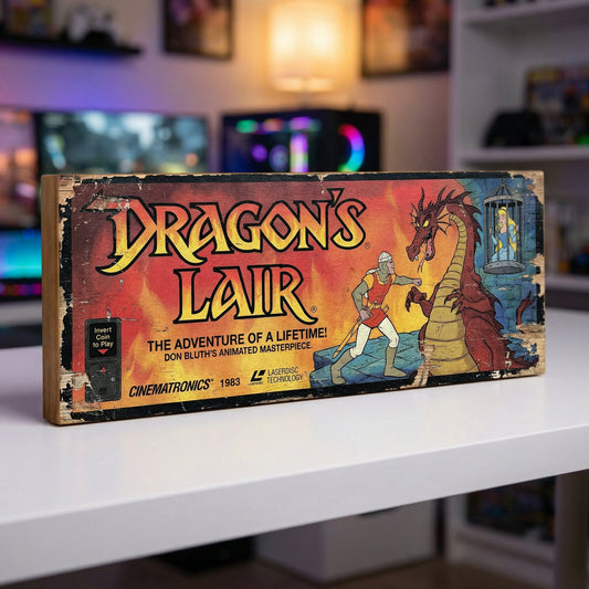 Dragon's Lair arcade cabinet art retro wooden sign handmade on 18mm MDF styled after the 1983 Cinematronics original with Dirk the Daring and Singe on fiery background, freestanding in gaming room
