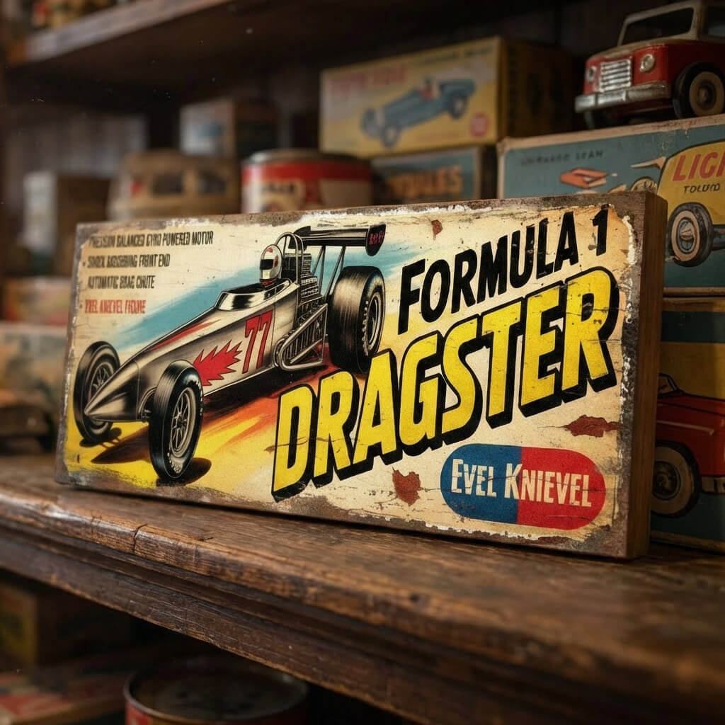 Rectangular vintage toy advert sign for Evel Knievel Formula 1 Dragster on 18mm MDF, featuring retro racing graphics and heavy faux-distressed weathering.