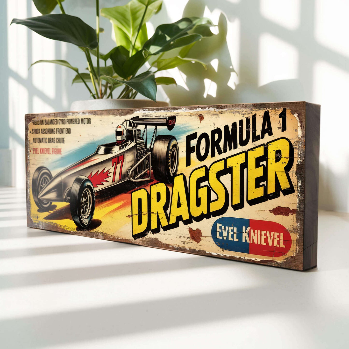 Evel Knievel Formula 1 Dragster Retro Toy Advert Sign