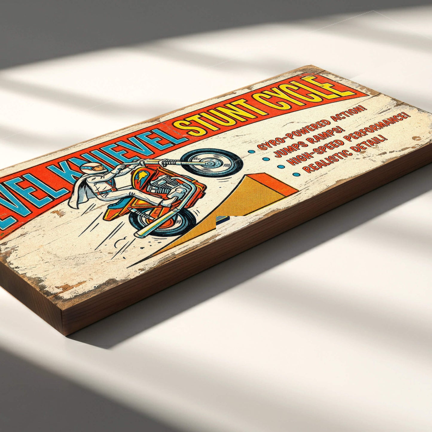Evel Knievel Stunt Cycle gyro action retro vintage wooden sign handmade on 18mm MDF with cream distressed finish and bold red blue header, freestanding on a light wood shelf