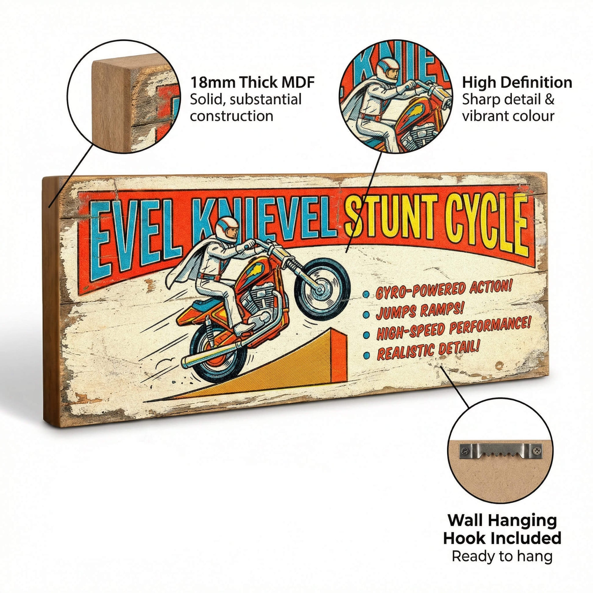 Evel Knievel Stunt Cycle gyro action retro vintage wooden sign handmade on 18mm MDF with cream distressed finish and bold red blue header, freestanding on a light wood shelf