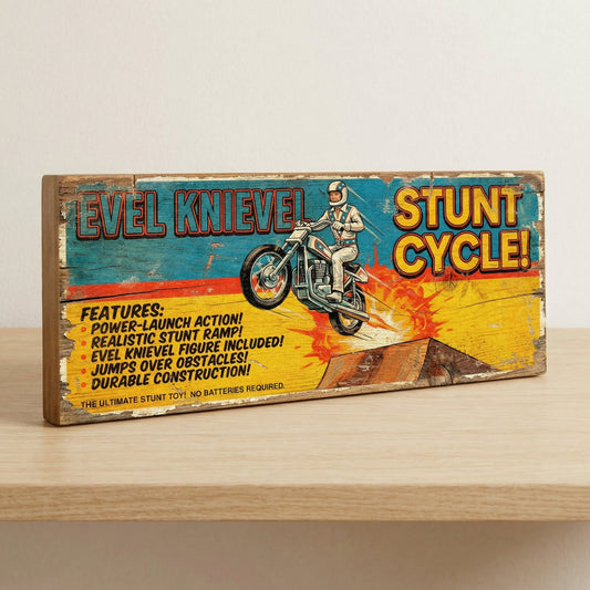 Evel Knievel Stunt Cycle retro vintage advert wooden sign handmade on 18mm MDF with distressed aged finish, freestanding on a light wood shelf