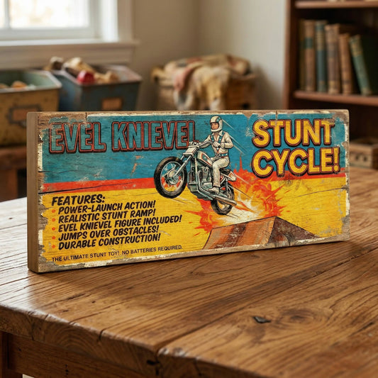 Evel Knievel Stunt Cycle retro vintage advert wooden sign handmade on 18mm MDF with distressed aged finish, freestanding on a light wood shelf