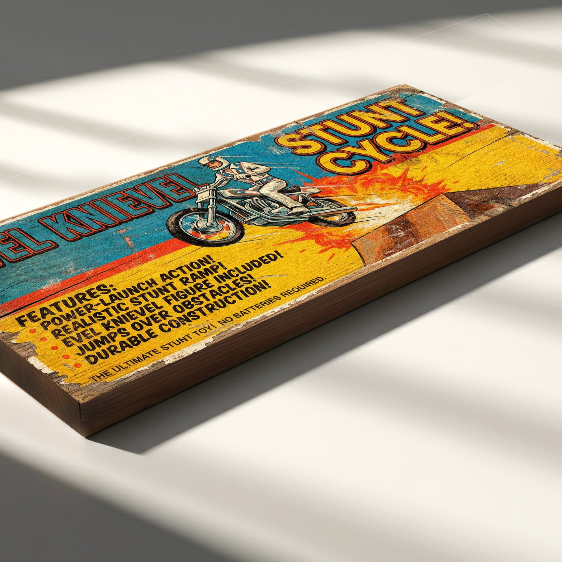 Evel Knievel Stunt Cycle retro vintage advert wooden sign handmade on 18mm MDF with distressed aged finish, freestanding on a light wood shelf