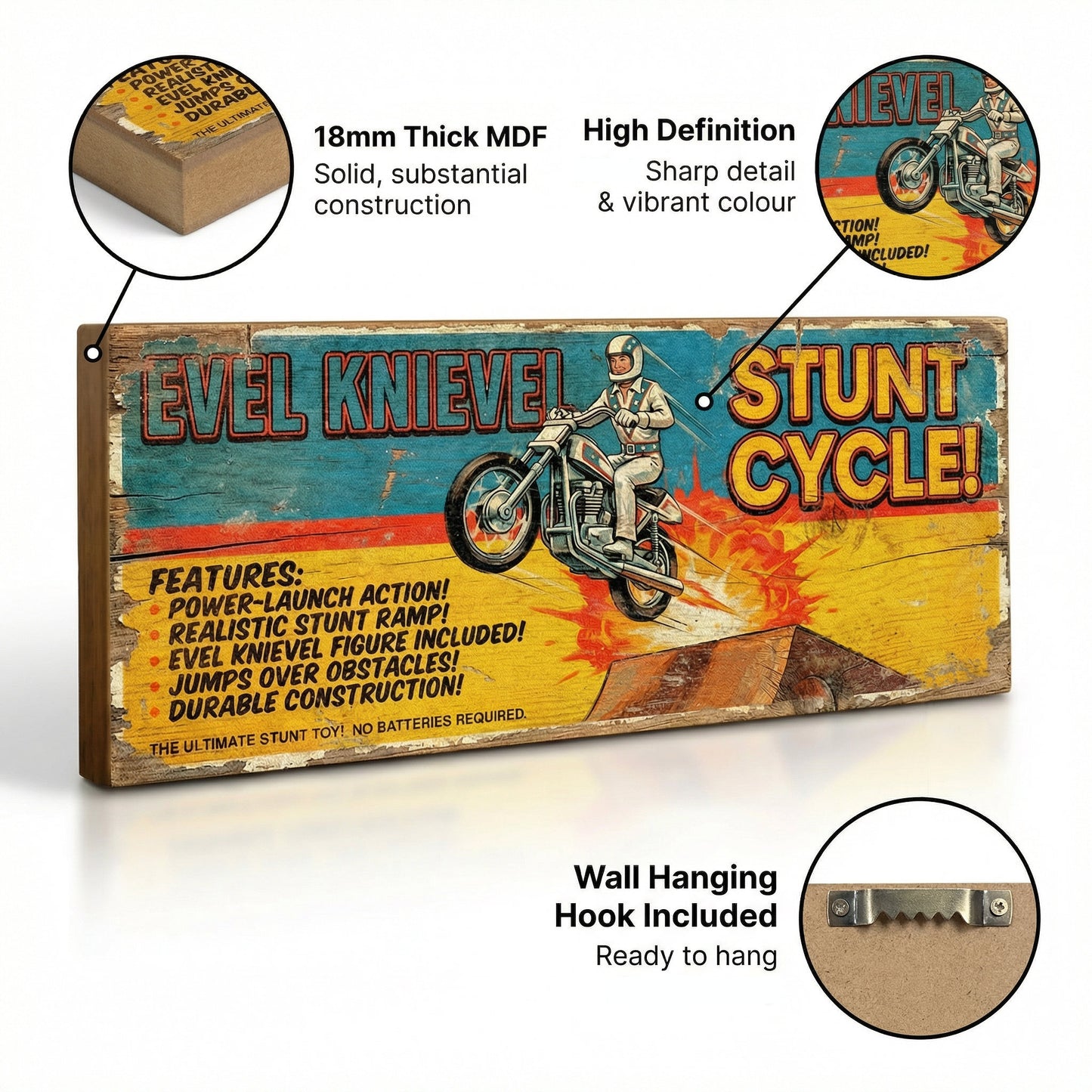 Evel Knievel Stunt Cycle retro vintage advert wooden sign handmade on 18mm MDF with distressed aged finish, freestanding on a light wood shelf