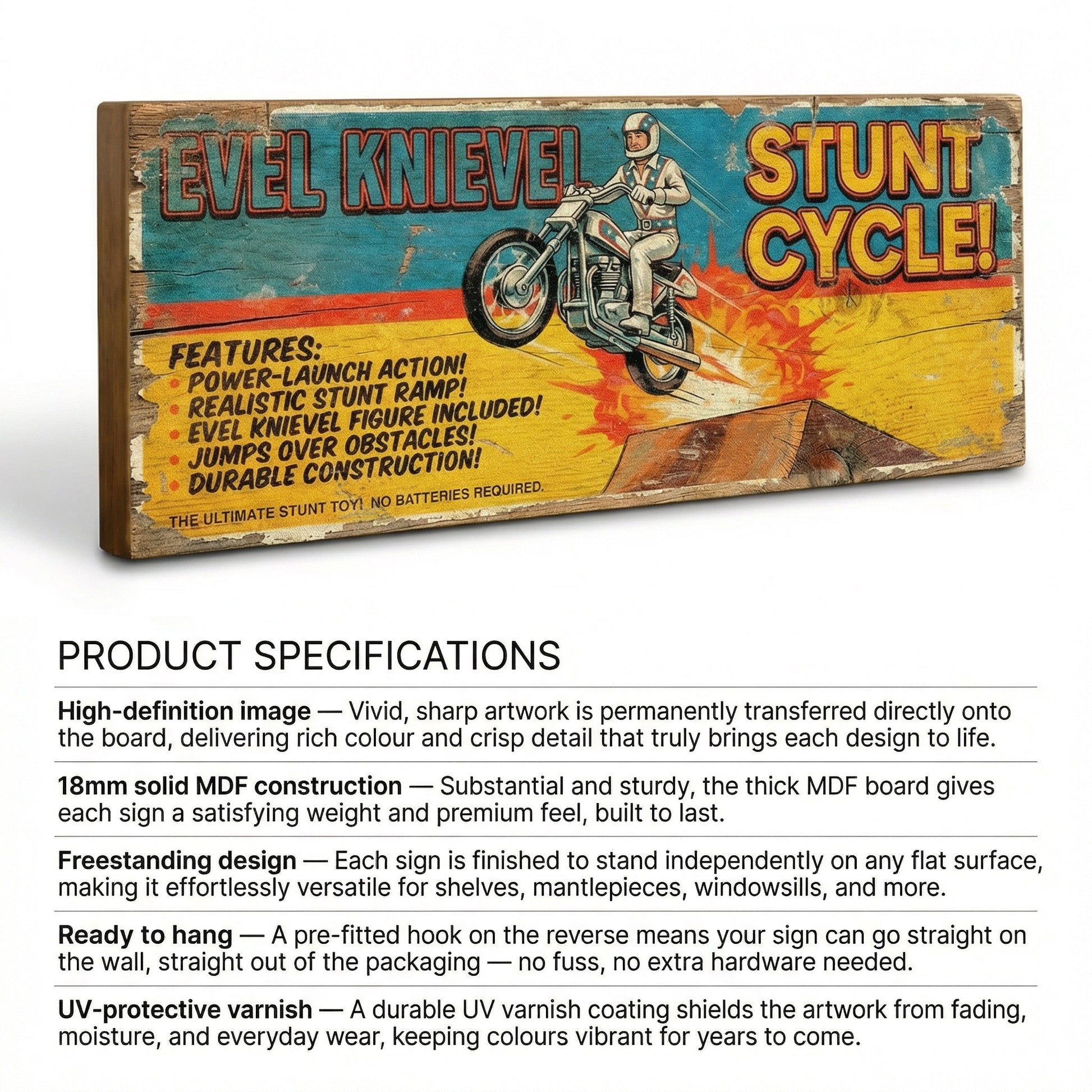 Evel Knievel Stunt Cycle retro vintage advert wooden sign handmade on 18mm MDF with distressed aged finish, freestanding on a light wood shelf