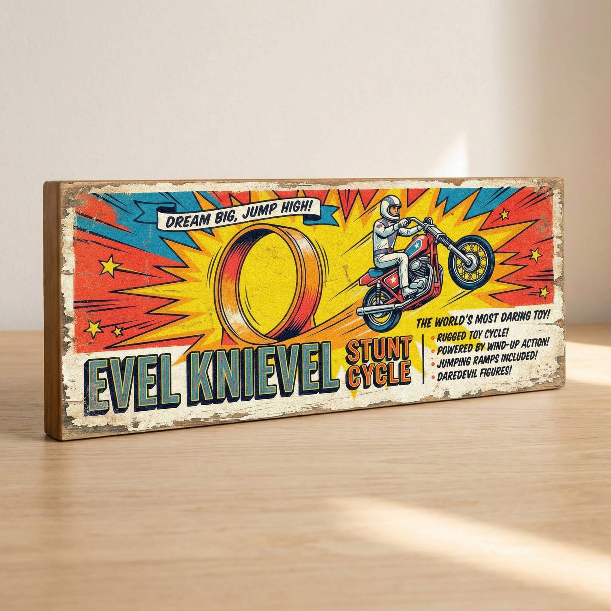 Evel Knievel Stunt Cycle Dream Big Jump High retro comic book style wooden sign handmade on 18mm MDF with bold colourful distressed finish, freestanding on a light wood shelf