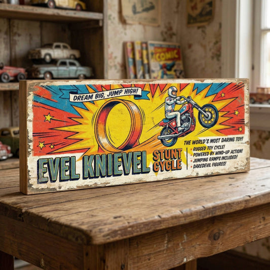 Evel Knievel Stunt Cycle Dream Big Jump High retro comic book style wooden sign handmade on 18mm MDF with bold colourful distressed finish, freestanding on a light wood shelf