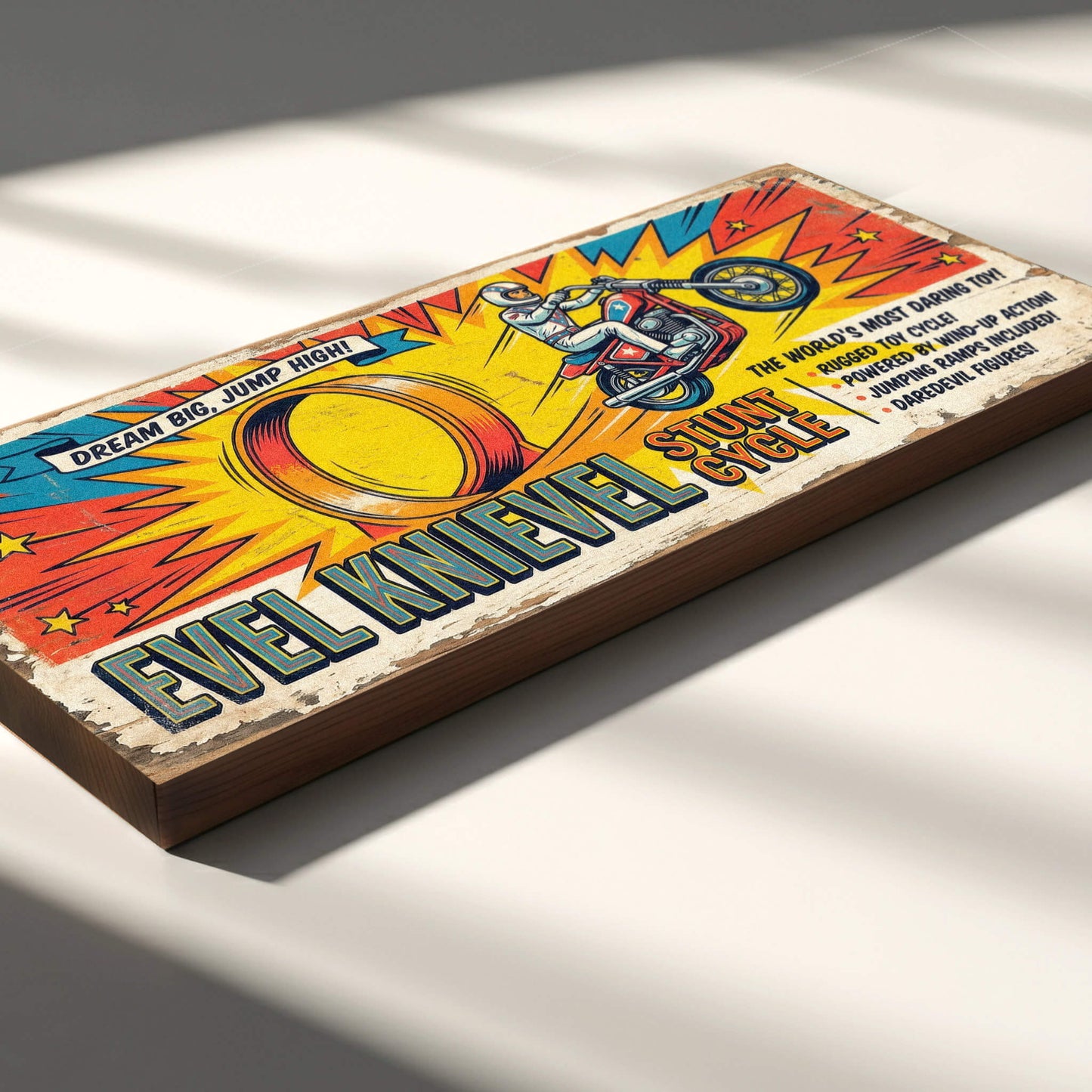 Evel Knievel Stunt Cycle Dream Big Jump High retro comic book style wooden sign handmade on 18mm MDF with bold colourful distressed finish, freestanding on a light wood shelf